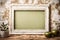 White mockup poster frame, vintage bricked wall, aesthetic olive background. AI Generated.