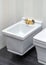 White modern bidet with gold faucet tap in light bathroom. Modern design of toilets