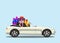 White modern cartoon cabriolet car full of gift boxes isolated.