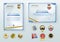 White modern certificates with abstract gold ribbon and set of emblems. Horizontal and vertical template with blue frame