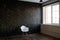 White modern chair and black brick background. Loft style. Minimal chair and room. Elegance chair.