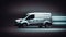 White modern delivery small shipment cargo courier van moving fast on motorway road to city urban suburb