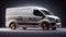 White modern delivery small shipment cargo courier van moving fast on motorway road to city urban suburb