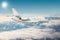 White modern luxury corporate aircraft flies over snow-covered mountain ranges