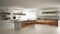 White modern minimalistic kitchen, with classic wood fittings, panoramic window, luxury interior design