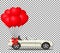 White modern opened cartoon cabriolet car with bunch of red ball