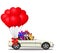 White modern opened cartoon cabriolet car full of gift boxes and