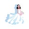 White modern style wedding dress with a long skirt on the young bride with diadem and flowers. Vector illustration in a