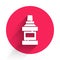 White Mouthwash plastic bottle icon isolated with long shadow. Liquid for rinsing mouth. Oralcare equipment. Red circle