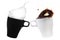 White mug with coffee and black mug with milk on a white background - splash