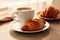 A white mug of coffee with Croissant coffee break on wooden table, tasty breakfast. AI generated