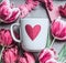 White mug with heart and pink tulips on table background, top view. Spring holidays