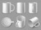 White mugs. Realistic ceramic cups of different sides, mockup for espresso and cappuccino, tea and coffee, porcelain