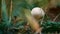 White mushroom forest background in closeup light woods in autumn leaf lawn.