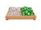 White mushrooms garlic green peppers on wooden tray 3d render on white background no shadow