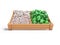 White mushrooms garlic green peppers on wooden tray 3d render on white background with shadow