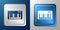 White Music synthesizer icon isolated on blue and grey background. Electronic piano. Silver and blue square button