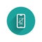 White Mute microphone on mobile phone icon isolated with long shadow. Microphone audio muted. Green circle button