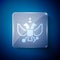 White National emblem of Russia icon isolated on blue background. Russian coat of arms two-headed eagle. Square glass