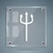 White Neptune Trident icon isolated on grey background. Happy Halloween party. Square glass panels. Vector