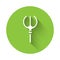 White Neptune Trident icon isolated with long shadow. Green circle button. Vector