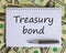 White note with space for your text on beautiful background from dollar bills and metalic pen. `Treasury bond` text. Business