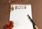 White Notepad sheet, lettering 2019, fountain pen, rose on brown