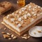 White nougat with almonds. Turron with caramel. Generative AI.