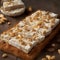 White nougat with almonds. Turron with caramel. Generative AI.