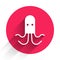 White Octopus icon isolated with long shadow. Red circle button. Vector