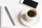 White office desk, smartphone, notebook with metallic pen and cup of black coffee, business mockup, flat lay