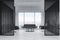 White office waiting room interior, black sofas