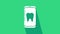 White Online dental care icon isolated on green background. Dental service information call center. 4K Video motion