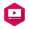 White Online play video icon isolated with long shadow. Film strip with play sign. Pink hexagon button. Vector