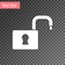 White Open padlock icon isolated on transparent background. Opened lock sign. Cyber security concept. Digital data