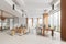 White open space office interior with wooden columns