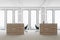 White open space office, wooden cubicles side
