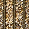 White, orange and brown brushstroke and gold ornate chains on black background