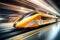 A white and orange express train traveling through a train station. Boarding platform at the railway station. Blur effect from a