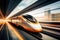 A white and orange express train traveling through a train station. Boarding platform at the railway station. Blur effect from a