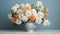 White And Orange Flowers Vase On Blue Wall: A Baroque-inspired Larme Kei Style