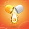 White and orange pill capsule with drop of vitamin C. Orange poster with abstract vitamin C