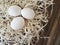 White organic eggs home sawdust chicken group background focus