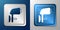 White Outboard boat motor icon isolated on blue and grey background. Boat engine. Silver and blue square button. Vector