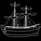 White outline of a sailboat with lowered sails on a black background