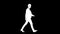 White outline sketch of man with beard in suit is walking fast isolated on black background