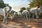 White oxen on dirt street.