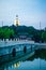 The White Pagoda lit up in the evening on the Jade Flower Island, Beijing