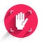 White Palm print recognition icon isolated with long shadow. Biometric hand scan. Fingerprint identification. System