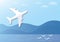 White paper airplane flying in the sky background with mountains, seagull and sea. Travel by air transport concept.